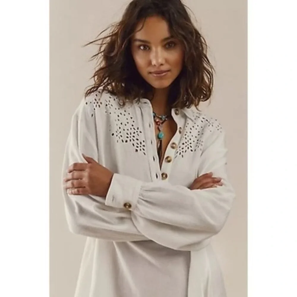 FREE PEOPLE Vera Shirtdress Eyelet Embroidered Linen Blend Ivory White